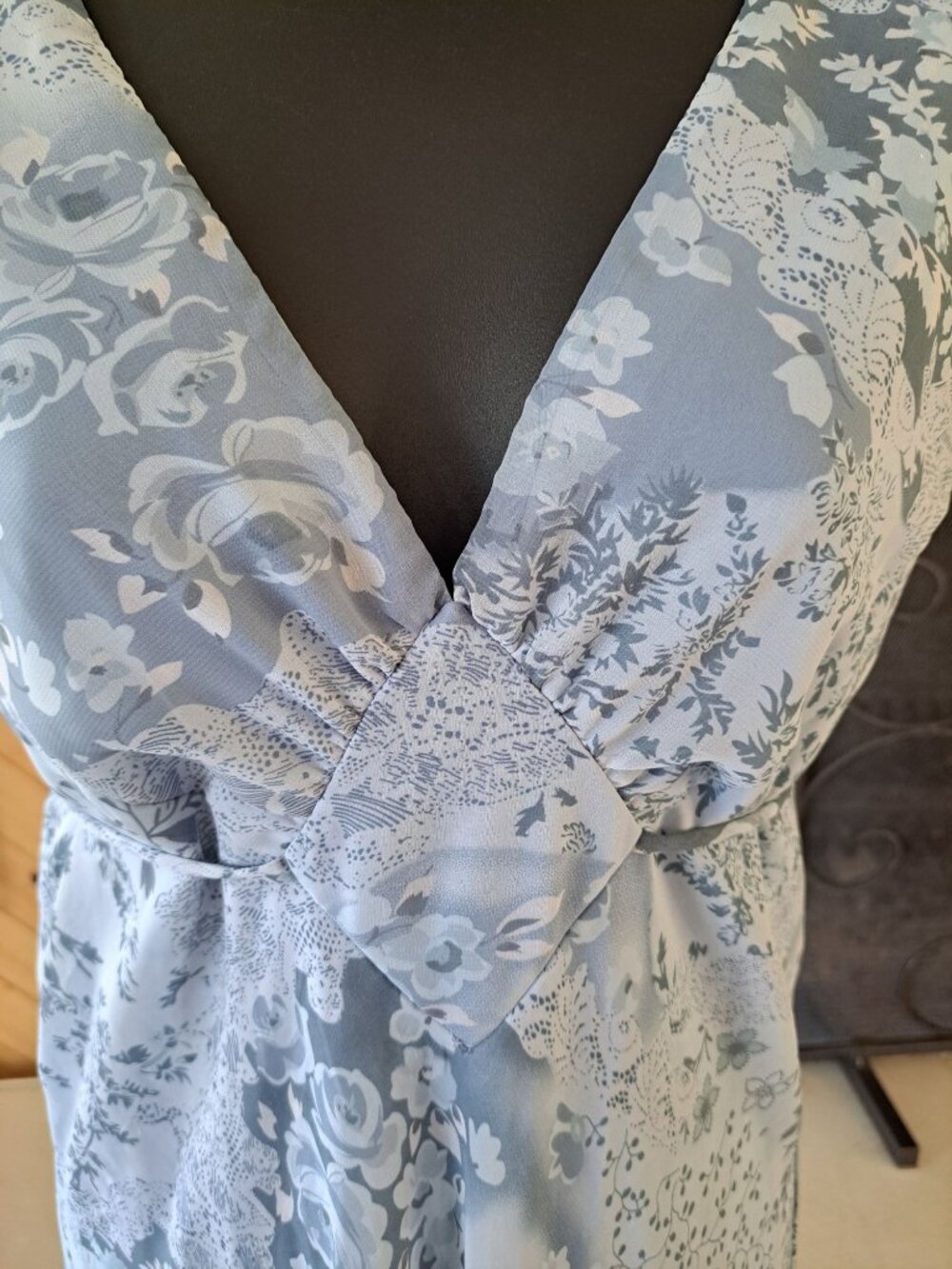 Vtg 90's Babydoll Slate Blue Midi Dress V-Neck Flutter Sleeves Lisa Jo Cottage M - Picture 2 of 12